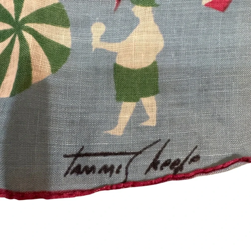 Rare Signed Vintage Tammis Keefe‎ Cotton Handkerchief Whimsical Beach Scene